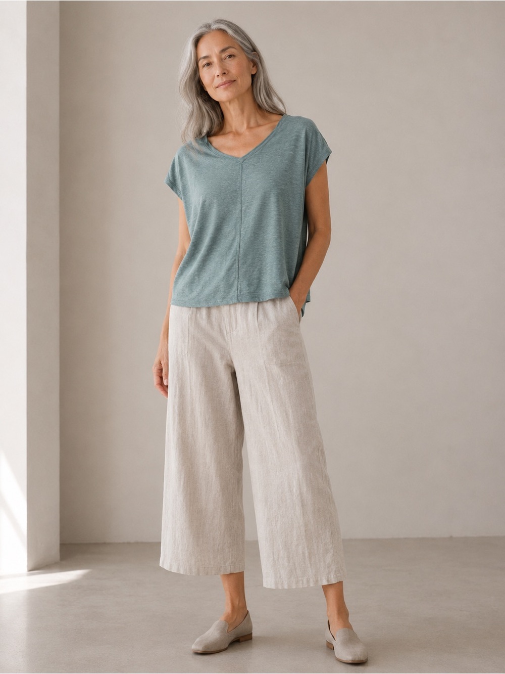 Eileen Fisher Organic Linen Jersey V-Neck Boxy Tee Dusty Blue Size Small NWOT